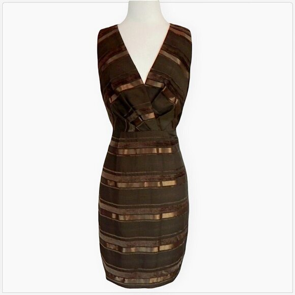 Max and Cleo Brown Satin Stripe Fitted Sheath Sleeveless Cocktail Dress 2 - Picture 2 of 5